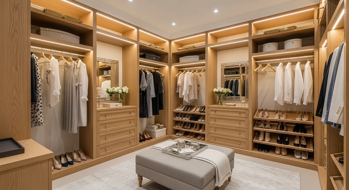 Dressing sur mesure en bois clair avec penderies, étagères et éclairage
